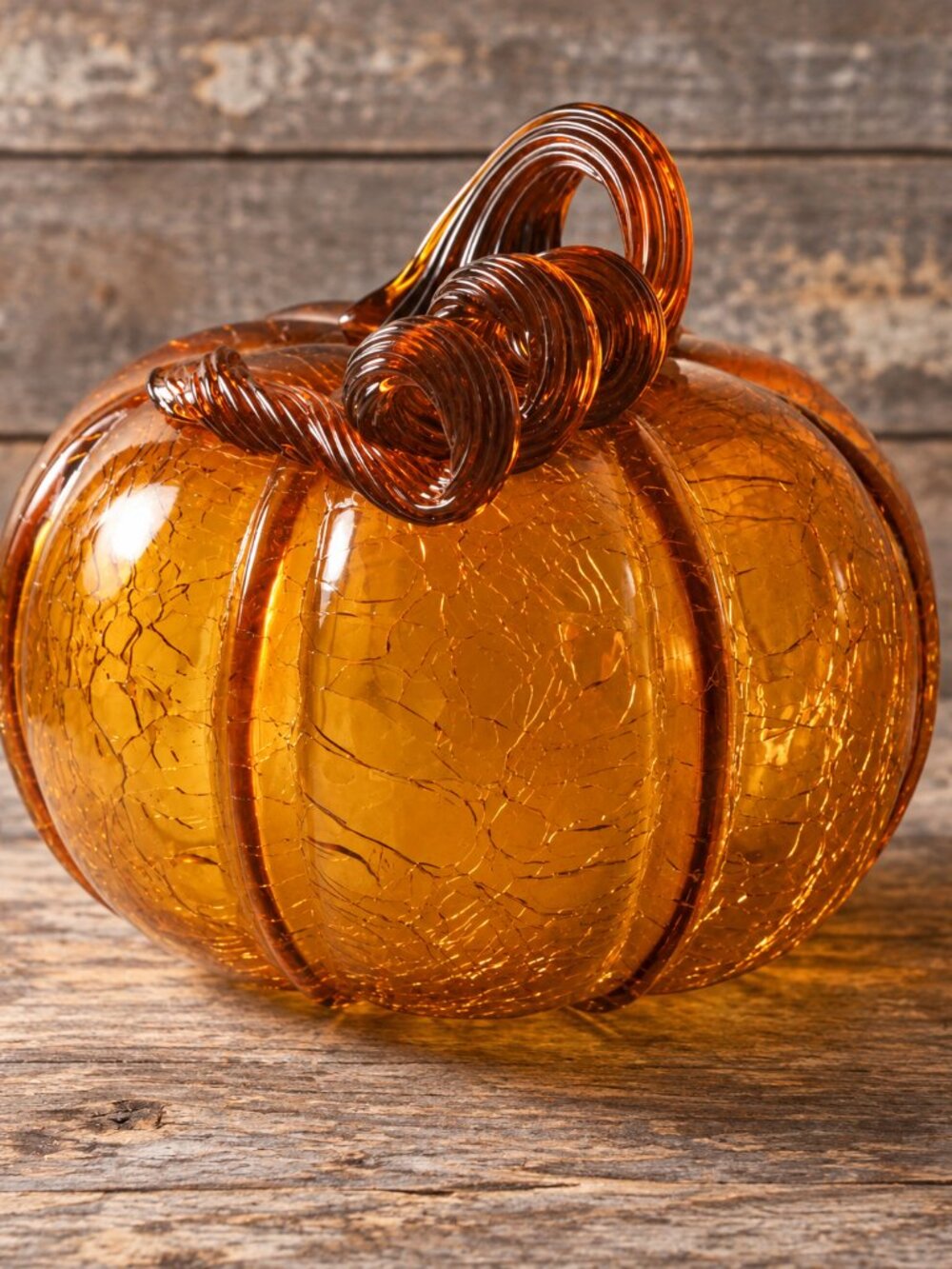 Amber Glass Pumpkin Crackle Art Glass Hand Blown Curled Stem Fall Decor